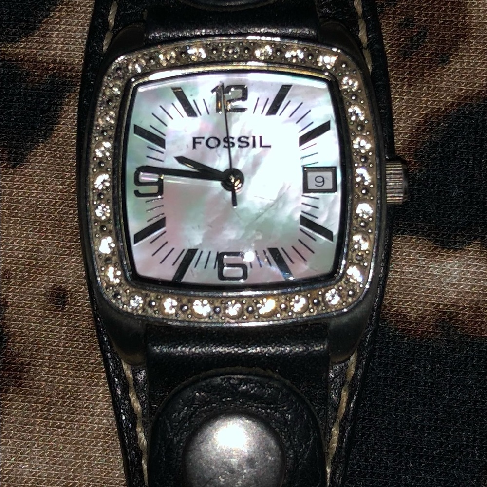 Black leather Fossil Watch with iridescent face